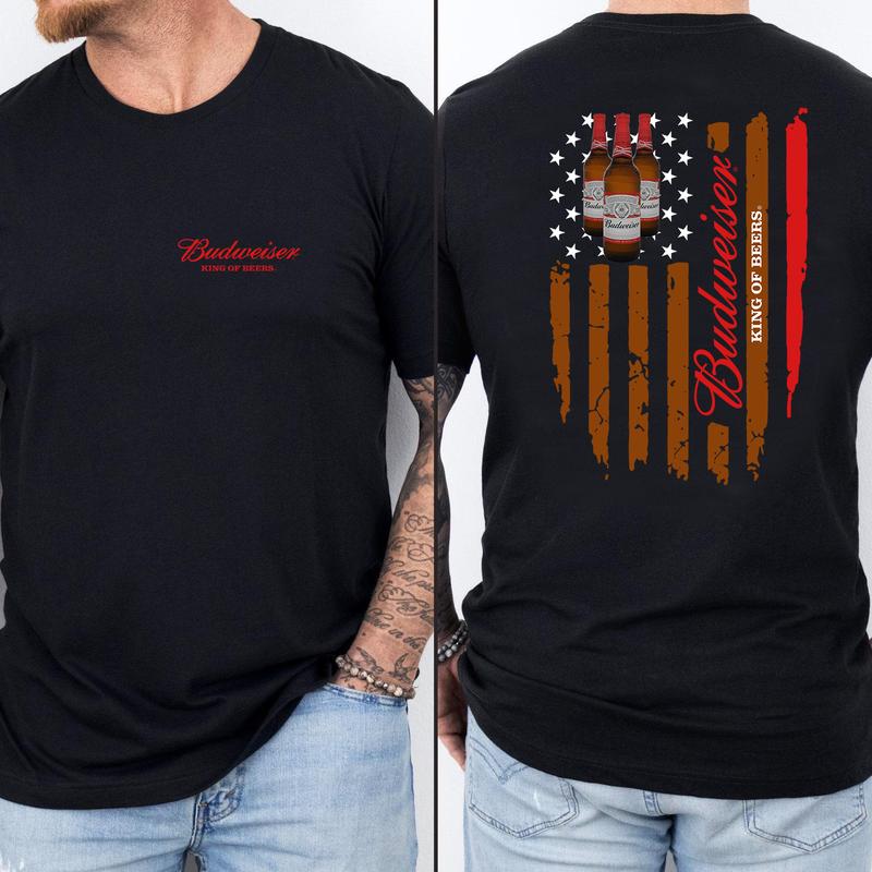 Budweiser King Of Beer Flag Usa T-shirt - 2 Side - Modern Fit - Men's And Women's Choices - Choose Your Fashion - Wide Size Selection - Variety In Colors