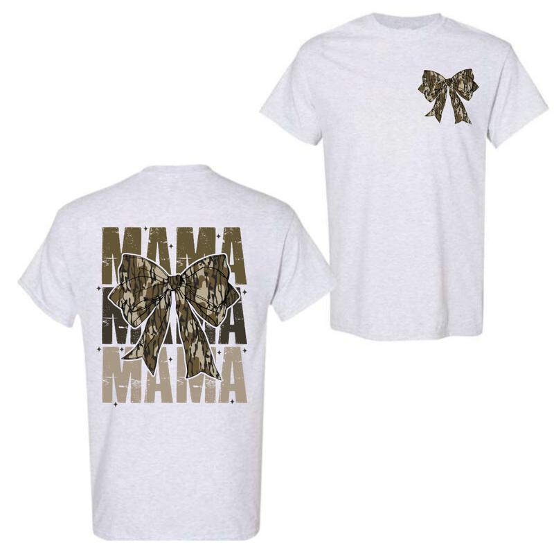 Camo Mama Coquette Bow Hunting 2 Sides Shirt for Mom, Mama T-shirt, Old School Camo Hoodie and Sweatshirt, Full Color and Size for All, Girls Camo Bow