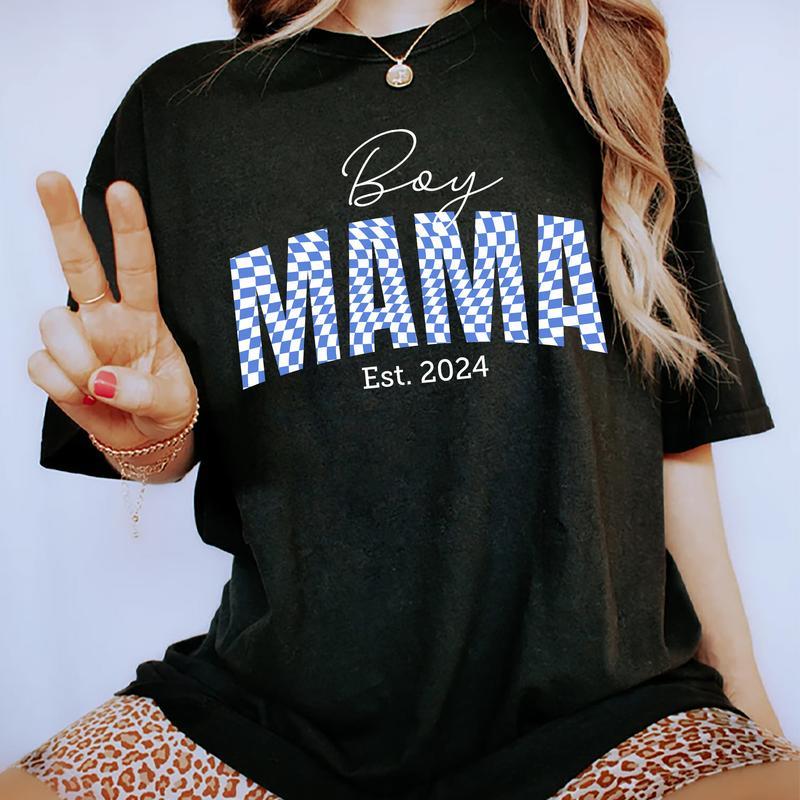 Boy Mama Est. 2024 Shirt, Boy Mom Shirt, Checkered Boy Mama Tee, Mom Graphic Printed Short Sleeve Tee Shirt, Women Cotton Fabric Comforts Shirts, Wome