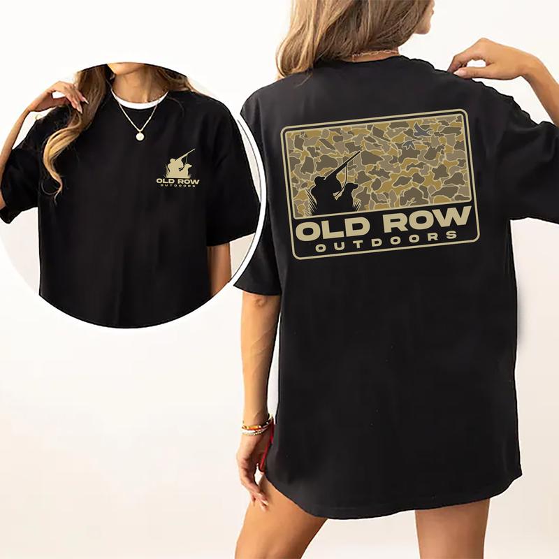Vintage 80s Old Row Outdoors Hunting Camo 2-Sided Shirt, Retro Hunting T-Shirt, Dog Hunt Tshirt, Unisex Hunter Tops, Women's Top, Casual Womenswear