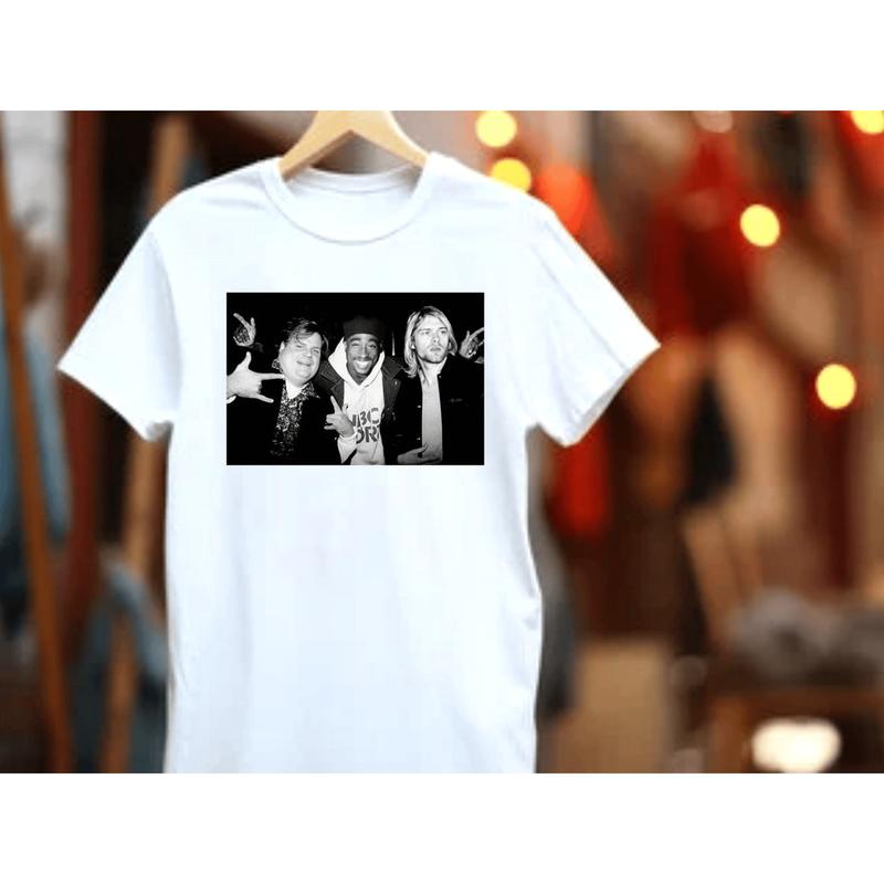 Chris Farley Tupac Shakur And Kurt Cobain Partying Unisex Men's Cotton Crew T-Shirt Vintage 90S Streetwear Hip Hop Best Seller 2Pac, Unisex Cotton Graphic Shirt Casual