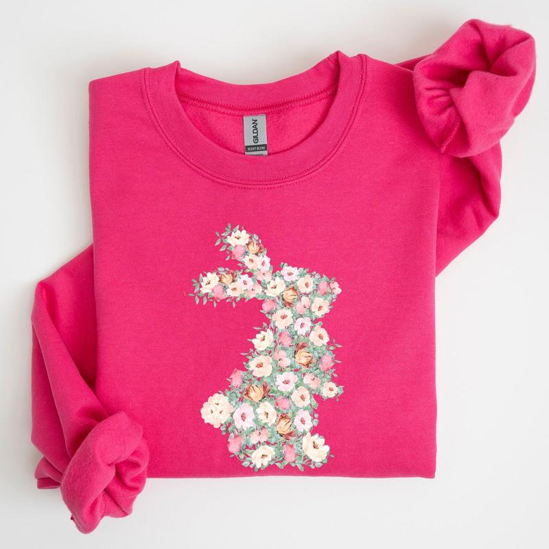 Floral Print Rabbit, Bunny, Easter Sweatshirt, Women's Crew Neck, Crewneck