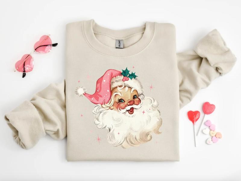Pink Santa Retro Christmas ShirtSweatshirtHoodie, Retro Crewneck, Gift For Xmas, Cotton, Womenswear Tops