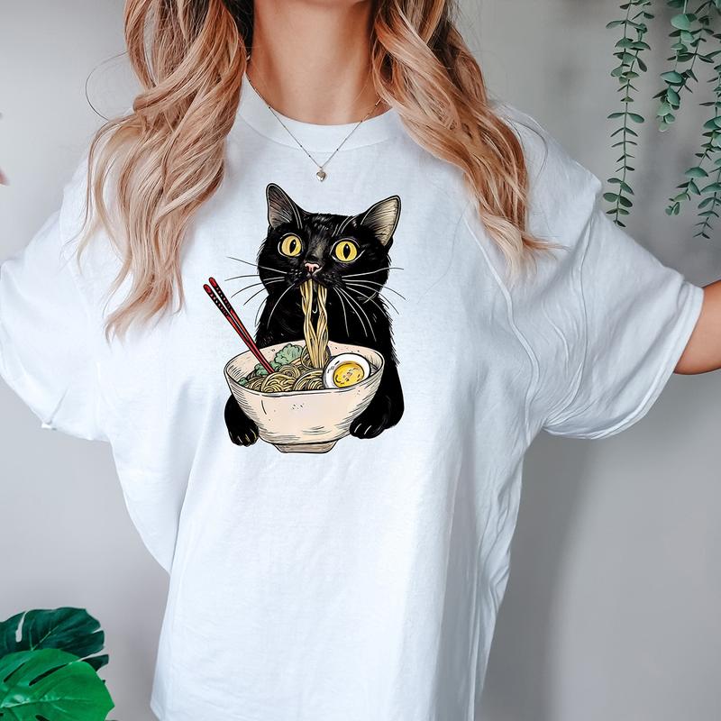 Noodle Cat Shirt, Ramen Cat T-Shirt, Foodie Lover Shirts, Black Cat Noodle T-Shirts, Retro Cat Tees, Cat Lover Sweatshirts, Black Cat Tee