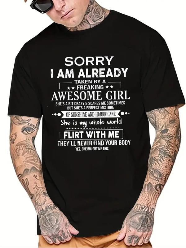 Men's Regular Fit Letter Print Round Neck Short SleeveÂ Tee, Casual Crew Neck Graphic T-shirt For Daily Wear, Fashion Comfy Men's Top For All Seasons