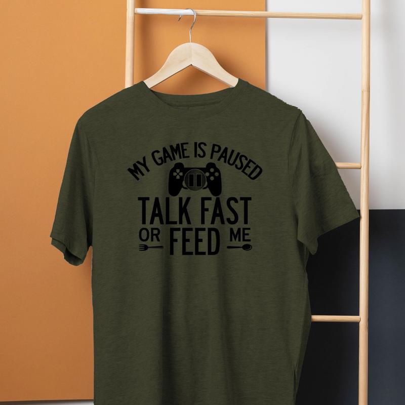 Funny Gamer T-Shirt - Gamer Gifts for Gamers, 'Talk Fast or Feed Me' Tee, Boys Gaming Shirt, Men's Top Tee Clothing, Gift for Best Friend, Gift for Hi