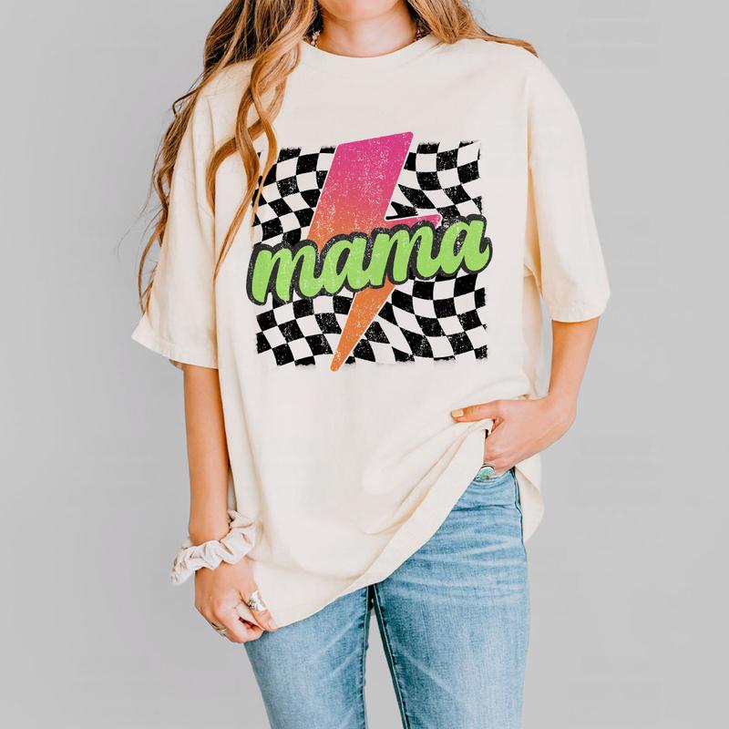 Neon Mama Shirt, Checkered Mama Shirt, Lightning Bolt Shirt, Mothers Day Gift, Retro Checkered Mom Tshirt, Mom Comfort Tee, Gift for Her, Retro Mama Shirt, Mom Women Tops