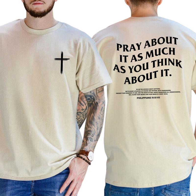 Men's Christian Cross Prayer 2-Sided Shirt, Pray About It T-shirt, Bible Verses Tops, Jesus Apparel, Philippians Religious Tees, Classic Menswear