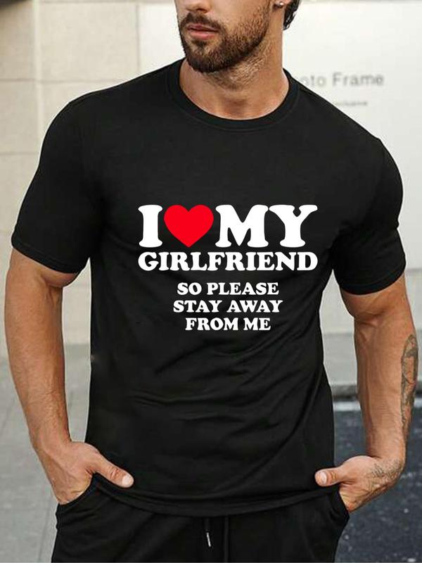 Men's Heart & Letter Print Round Neck Tee, Summer Clothes, Regular Fit Casual Short Sleeve Graphic T-shirt for Summer, Fashion Men's Top for Daily Wear Valentine's Day, gift