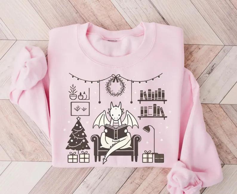 Mystical Bearded Dragon Reading A Book Christmas Sweater, Holiday Dragon Sweatshirt, Cute Dragon Apparel, Dragon Lover Gift, Winter Book