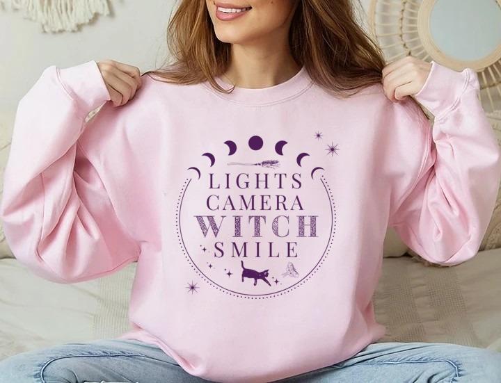 Light Camera Witch Smile Shirt, Fun Witchy Sweatshirt, Halloween Vibes Tee