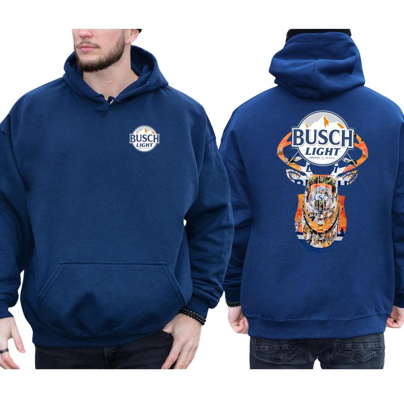 Vintage Busch Light Buck Hunt 2-Sided Hoodie, Men's Beer Drinking Hoodies, Deer Hunting Sweaters, Unisex Drink Tops, Comfort Cotton Casual Menswear, Long Sleeve Pullover
