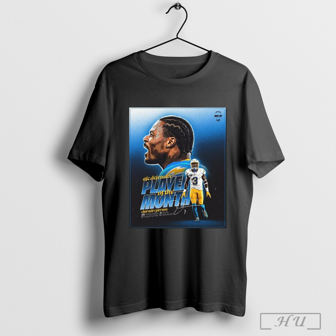 Poster Los Angeles Chargers Derwin James Afc Defensive Player Of The Month 25 Total Tackles 3 Sacks Signature T Shirt