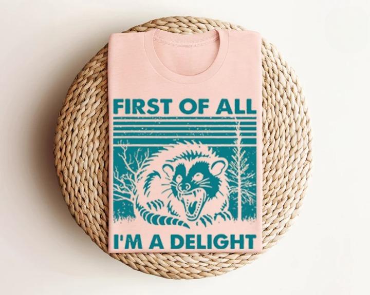 First of All I'm a Delight Shirt, Cute Sarcastic Tee, Self-Love Sarcastic Gift, Angry Possum Lover Tee, Gift for Best Friend, Gift for Him & Her  Top