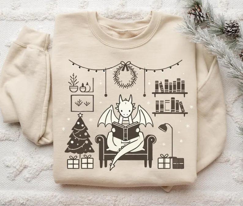 Mystical Bearded Dragon Reading A Book Christmas Sweater, Holiday Dragon Sweatshirt, Cute Dragon Apparel, Dragon Lover Gift, Winter Book