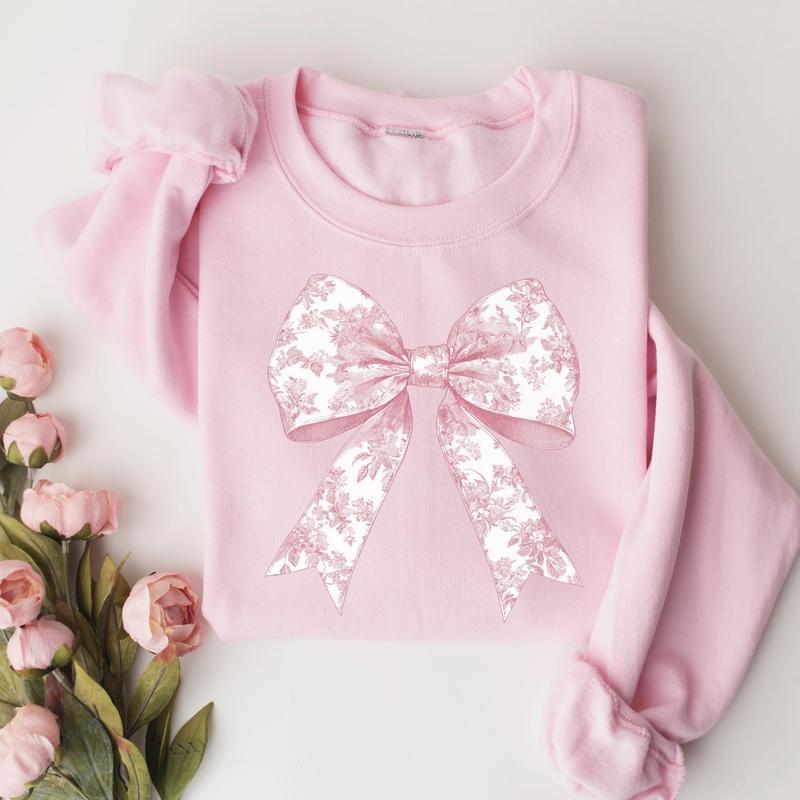 Toile de Jouy Pink Bow Sweatshirt, Coquette Girl Sweatshirt, Feminine Floral Bow Crewneck, Pink Ribbon Soft Girl Girly Aesthetic