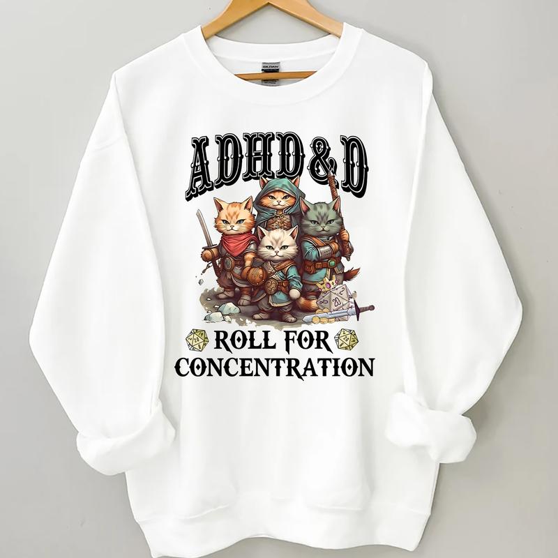 ADHD&D Roll for Concentration Sweatshirt, ADHD DnD Cat Shirt, DM Gift,TTRPG Hoodie,Dungeons and Dragons Sweatshirt,Role Play Tee,Gamer D&D Sweatshirt
