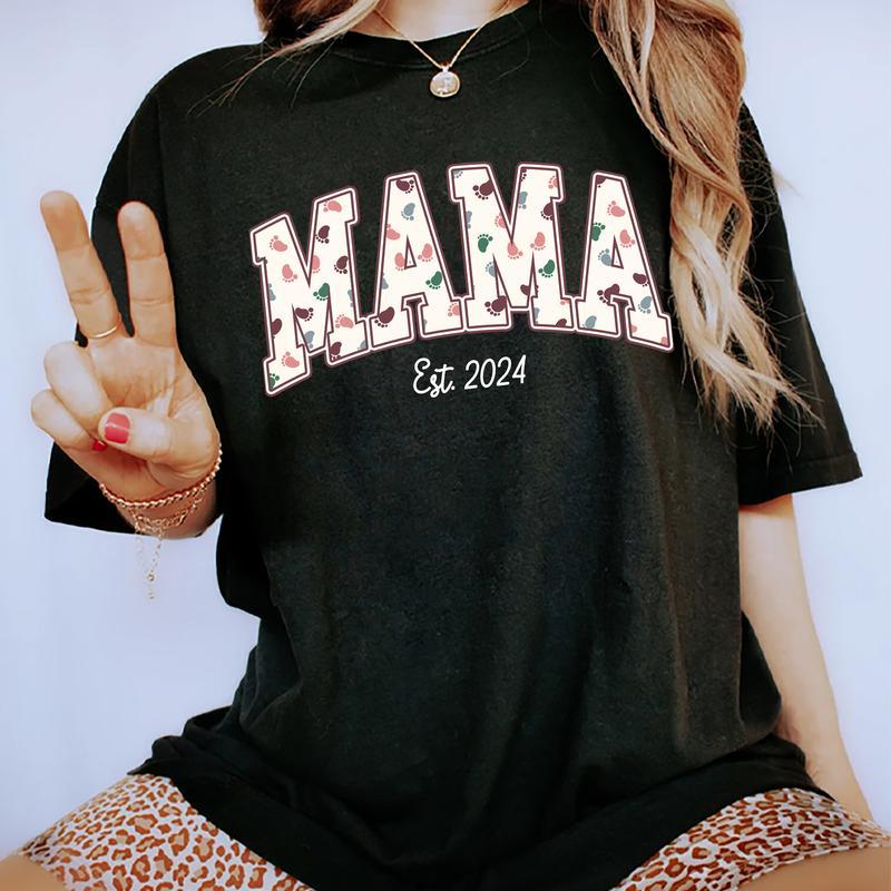 Mama Est. 2024 Shirt, New Mom T-shirt, Baby Footprint Mom Graphic Printed Tee, New Mama Comfort Shirts, Soft Fabric Shirt For New Mom, Gift For Mom, M
