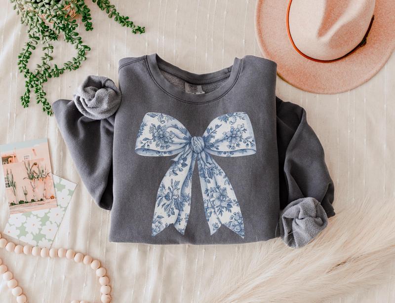 Toile De Jouy Coquette Bow Sweatshirt Blue Ribbon Sweater Girly Aesthetic