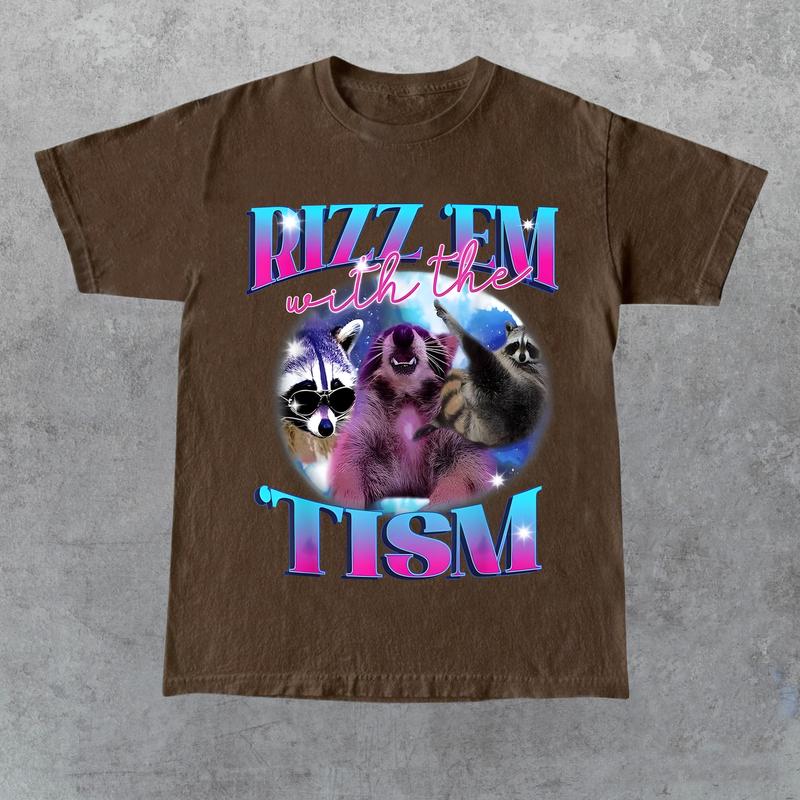 Rizz Em With The Tism Retro Shirt, Vintage Funny Raccoon Graphic Shirt, Autism Awareness, Raccoon Meme Tee, Relaxed Soft Cotton Shirt