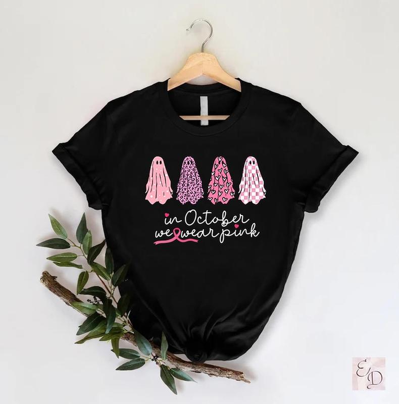 Breast Cancer Halloween Ghost Hoodie Sweatshirt, In October We Wear Pink, Cancer Awareness T-Shirt, Specialty Gift Unisex Supportive Top