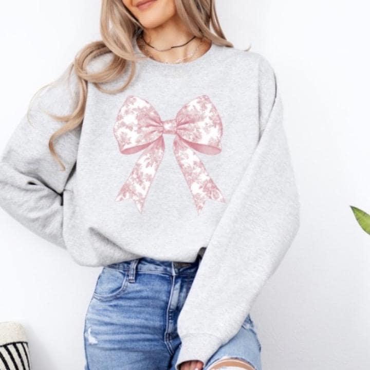 Toile de Jouy Pink Bow Sweatshirt, Coquette Girl Sweatshirt, Feminine Floral Bow Crewneck, Pink Ribbon Soft Girl Girly Aesthetic