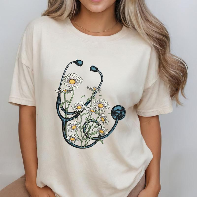 Floral Stethoscope T-Shirt, Nurse Stethoscope Shirts, Shirt For Nurse, Comfort Color Nurse Shirts, Nurse Daisy Flower Stethoscope Shirts, Doctor or Nu