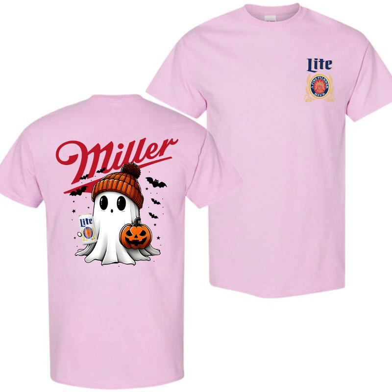 Miler Lite Ghost Cute Pumpkin Halloween 2sides T-Shirt, Beer Shirt, High-Quality Printing, All Seasons, Casual Fitted, For Men And Women