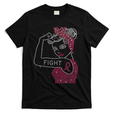 Fight Rosie The Riveter Rhinestone Breast Cancer Awareness T-Shirt