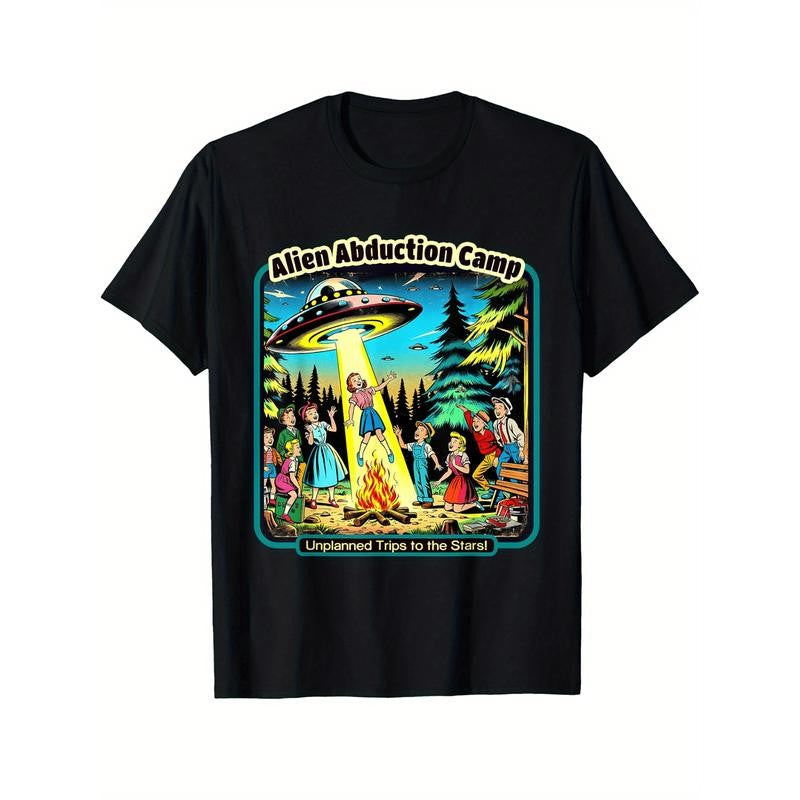 Funny Vintage Alien Abduction Camp UFO Alien T-Shirt Cotton Fun Design DIYMen's Soft breathable comfortable casual sports Halloween and Christmas gifts
