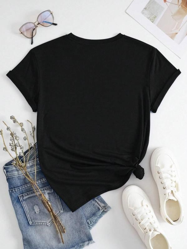 Women's Letter Print Round Neck Tee, Summer Clothes Women,Â Short Sleeve Crew Neck T-Shirt for Summer, Women's Top for Casual Wear