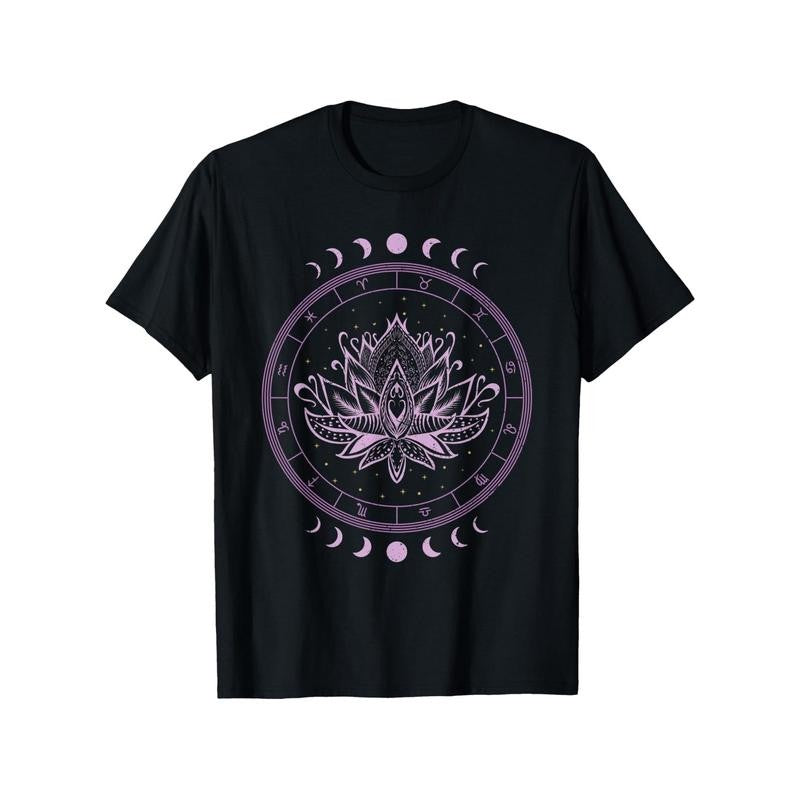 Spiritual Bohemian Yoga Astrology Zodiac Signs Lotus Flower T-Shirt, 100% Cotton, Fabric Weight 180g, Gift for Men Women Friends Family, S-XXXL, Black