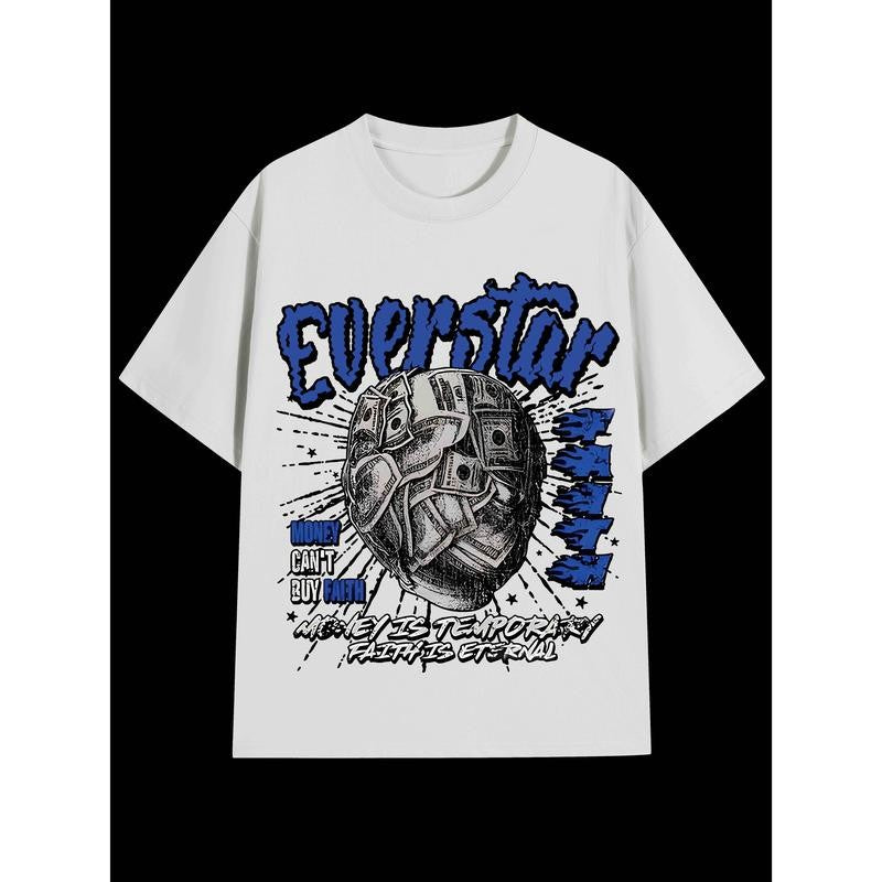 Hipster Essential, Y2K-Inspired Men's Cotton T-Shirt with Retro Money & Letter Print - Casual, Comfortable Crew Neck Tee for Casual Attire