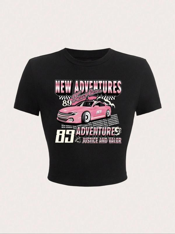 Women's Car & Letter Print Round Neck Short Sleeve Graphic Crop Tee, Vintage Trendy Casual Crew Neck T-shirt For Daily Wear, Ladies Summer Outfit