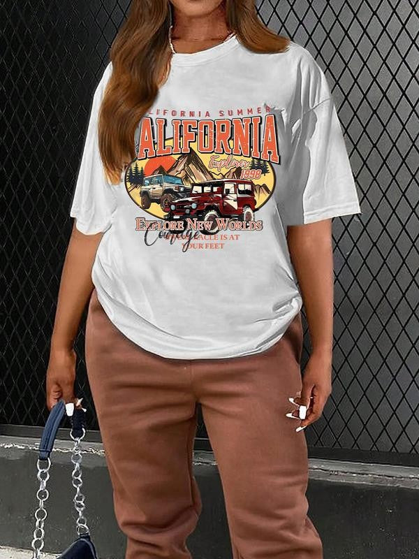 Women's Letter & California Print Drop Shoulder Tee, Casual Half Sleeve Round Neck T-shirt for Summer, Women's Top for Daily Wear
