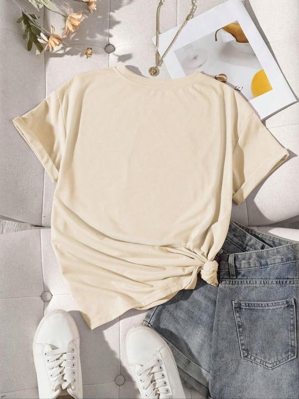 Women's Letter Print Round Neck Tee, Trendy Casual Crew Neck Short Sleeve T-Shirt, Graphic Tees,Â Summer Clothes Women,Â Ladies Summer Outfit