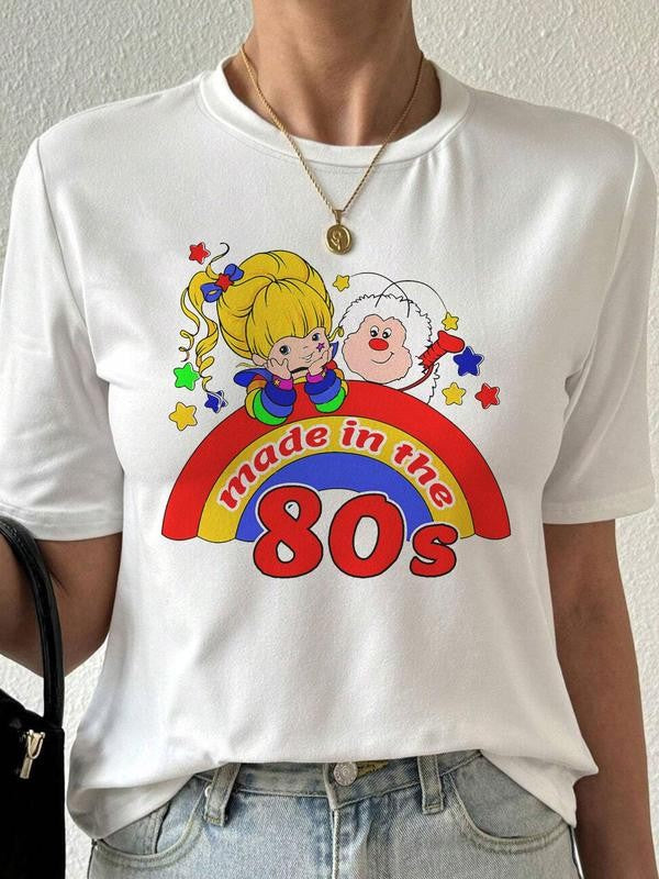 Women's Cartoon Girl & Letter Print Round Neck Short Sleeve Tee, T Shirts for Women, Casual Crew Neck T-shirt for Daily Wear, Graphic Tees, Ladies Clothes for All Seasons