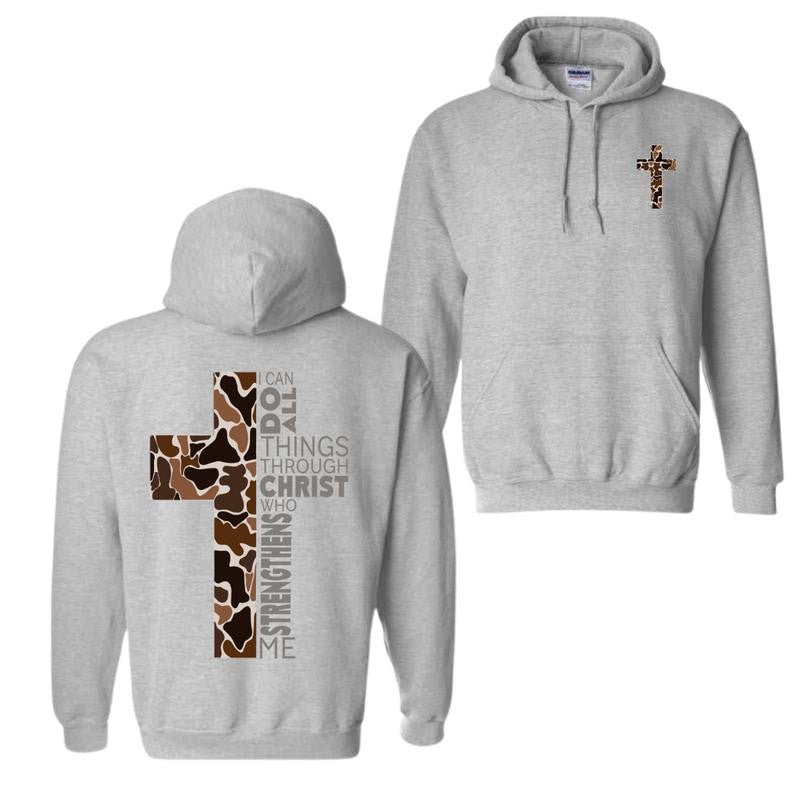 Christian Hoodie - Camo Cross Design with Philippians 4:13 Verse, Perfect for Faithful Believers and Outdoorsmen, Cozy Hoodie for Everyday Comfort