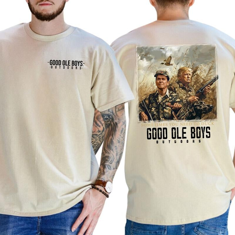 Trump Shirt, Trump  Reagan Good Ole Boys Outdoors Sometime You Need To Duck, Casual Menswear, Classic Cotton Top, Soft Fabric Shortsleeve Shirt