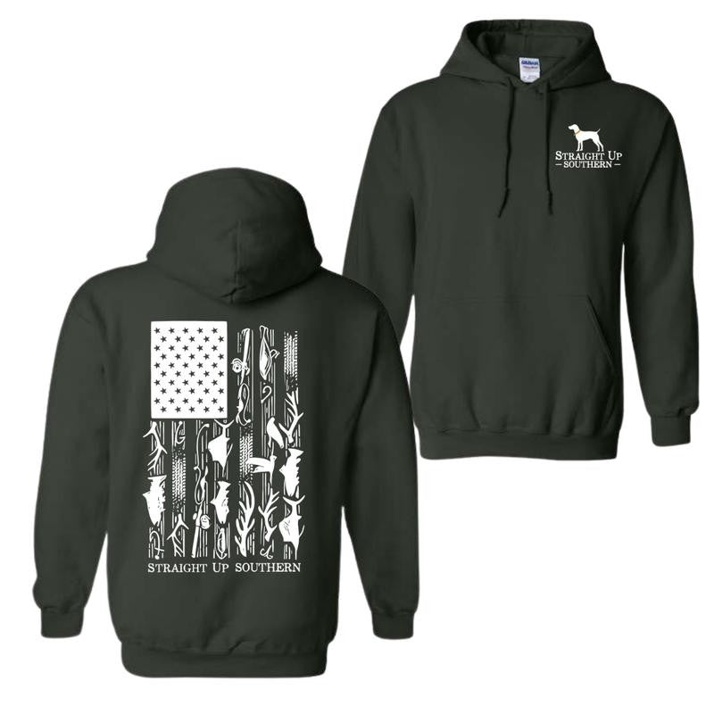 Straight Up Southern Hoodie, American Flag with Hunting and Fishing Icons Hoodie, Unisex Hoodie