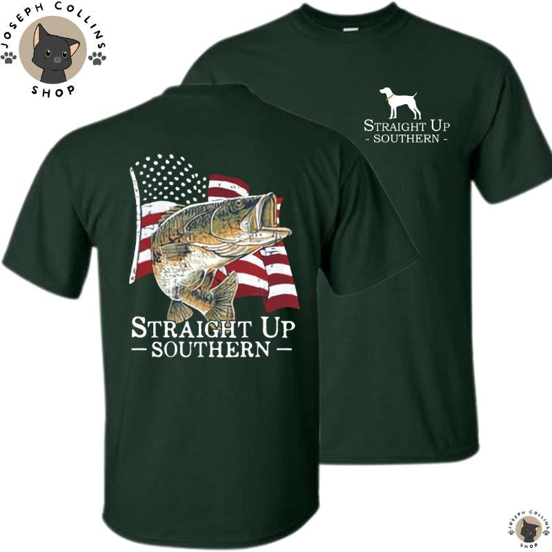 Bass American Flag - Men's Short Sleeve T-Shirt - by Straight Up Southern - Summer Outfits, Regular Fit Short Sleeve Crew Neck T-Shirt for Men, Casual Comfy Knitting Top for Summer