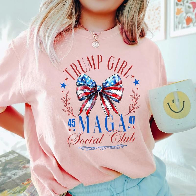 Trump Shirt 2024, Coquette Trump Social Club Shirt, Election Shirt 2024, Trump Girlie Bow Flag Tee, Maga Vote 2024 Crewneck Cotton Fabric Top