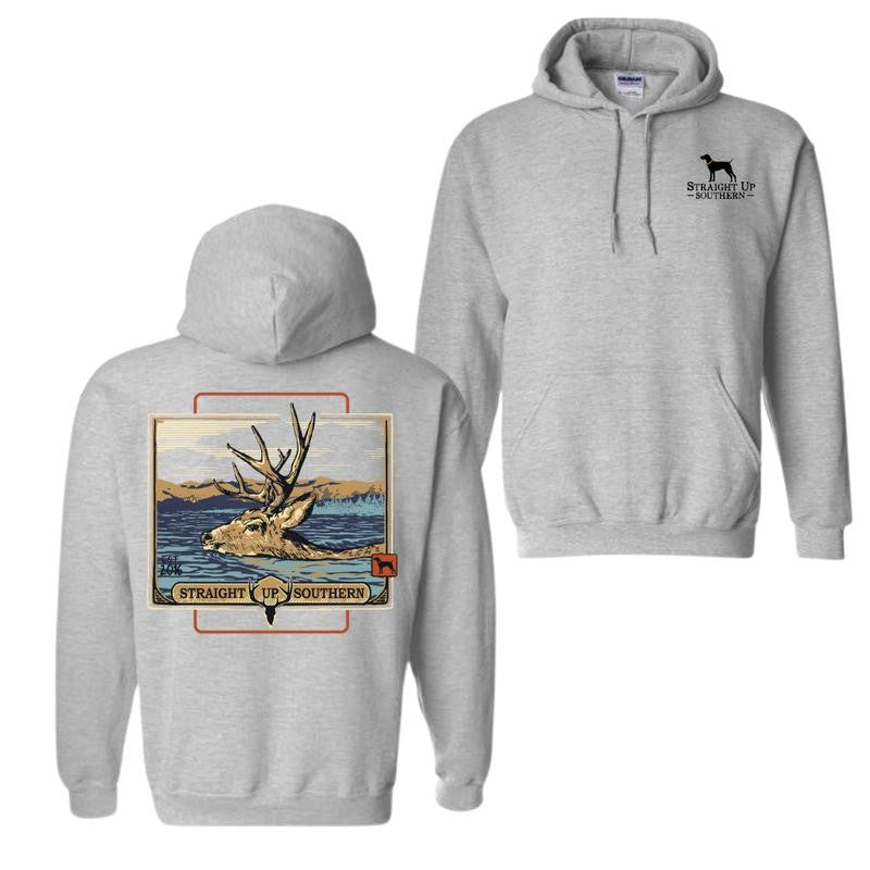 Straight Up Southern Unisex Hoodie - Bold Deer & Mountain Scene Design for Outdoor Enthusiasts and Nature Lovers