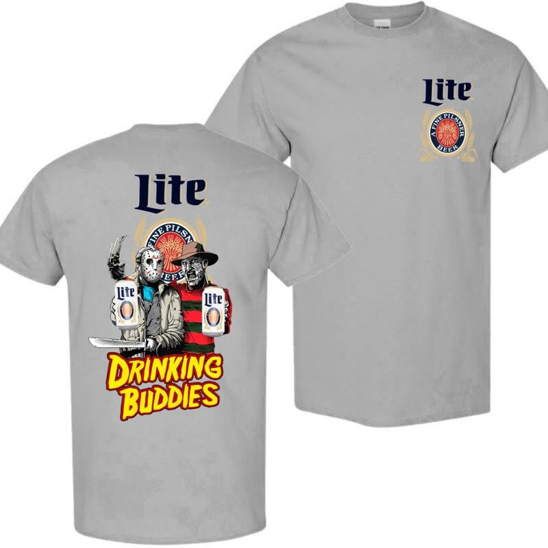 Miller Lite, Beer, Jason Voorhees And Freddy Krueger Drink Buddies Miller Lite Beer 2 Sides T-shirt, Miller Lite Halloween Shirt, Halloween Shirt, For Men, For Women, Halloween Cute