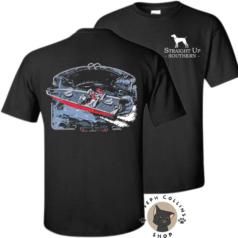 Red & Blue Bass Boat T-Shirt - by Straight Up Southern - Summer Outfits, Regular Fit Short Sleeve Crew Neck T-Shirt for Men, Casual Comfy Knitting Top for Summer