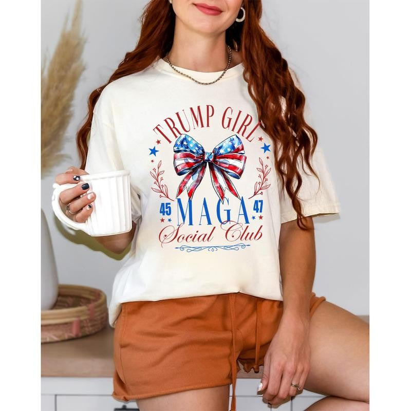 Trump Shirt 2024, Coquette Trump Social Club Shirt, Election Shirt 2024, Trump Girlie Bow Flag Tee, Maga Vote 2024 Crewneck Cotton Fabric Top