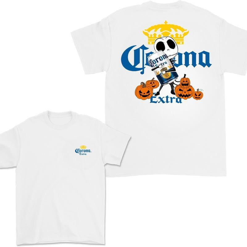 Jack Hug Corona Skellington Halloween 2 Sides T-shirt, Corona T-shirt, Corona Halloween T-shirt, Classic Cotton Unisex, High-Quality Printing, All Seasons, Casual Fitted, For Men And Women
