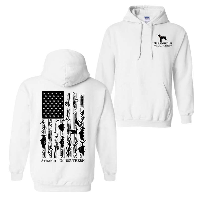 Straight Up Southern Hoodie, American Flag with Hunting and Fishing Icons Hoodie, Unisex Hoodie