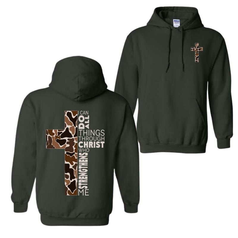 Christian Hoodie - Camo Cross Design with Philippians 4:13 Verse, Perfect for Faithful Believers and Outdoorsmen, Cozy Hoodie for Everyday Comfort