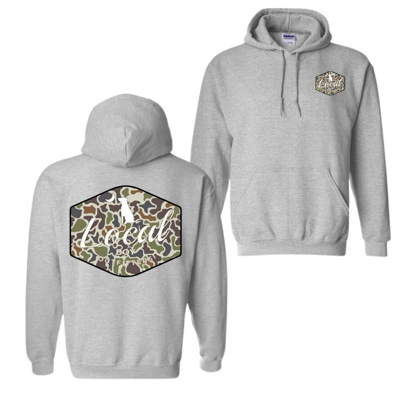 Local Boy Outfitters Dog Camo Hoodie and T-shirt - Classic Camouflage Design with Minimalist Logo, Perfect for Outdoor Adventures and Casual Wear, For Men For Women